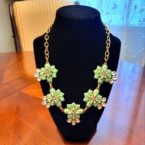 J. Crew Necklace Mint Tone, Floral,  Clear Crystals Lovely Statement Piece 20"